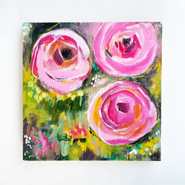 Akrylmaleri med store rosa blomster