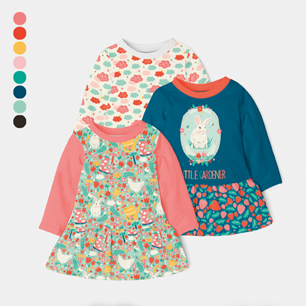 three cute dresses with little gardener pattern on, designed by poppydesign