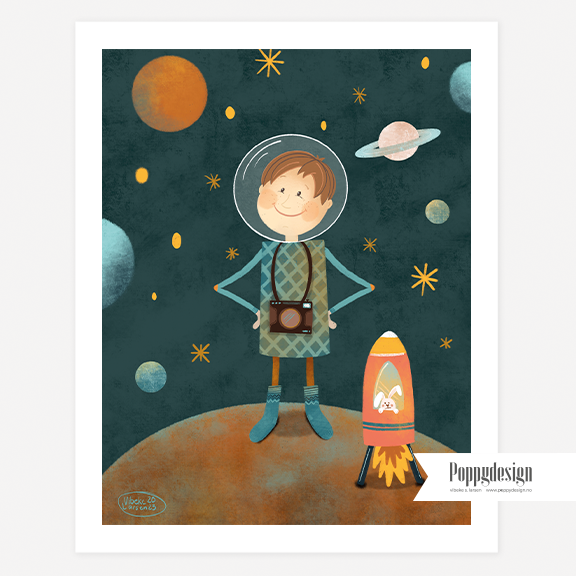 Cute drawing with a boy and his spaceship