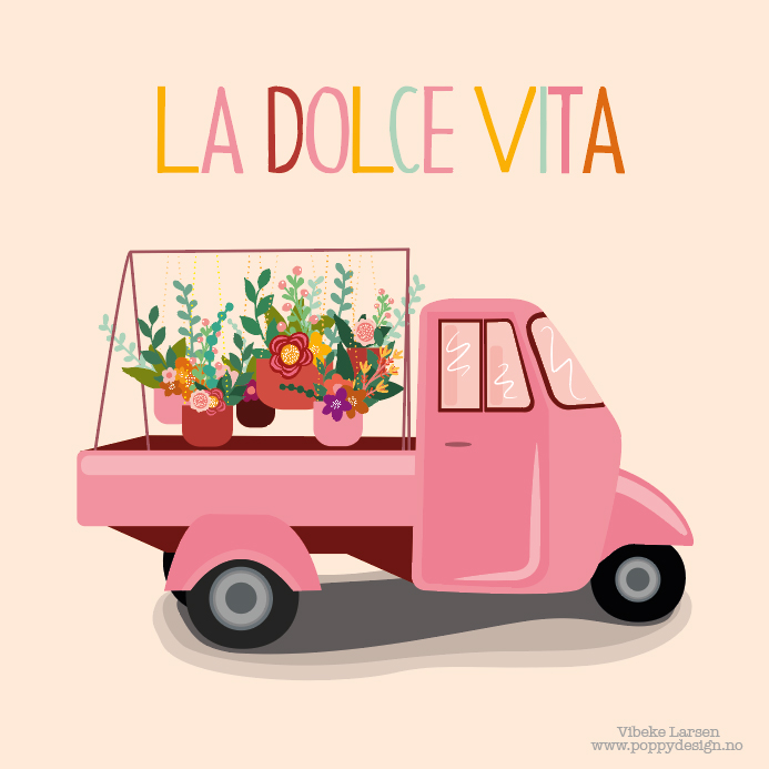 Illustrasjon av italiensk bil og blomster med teksten la dolce vita
