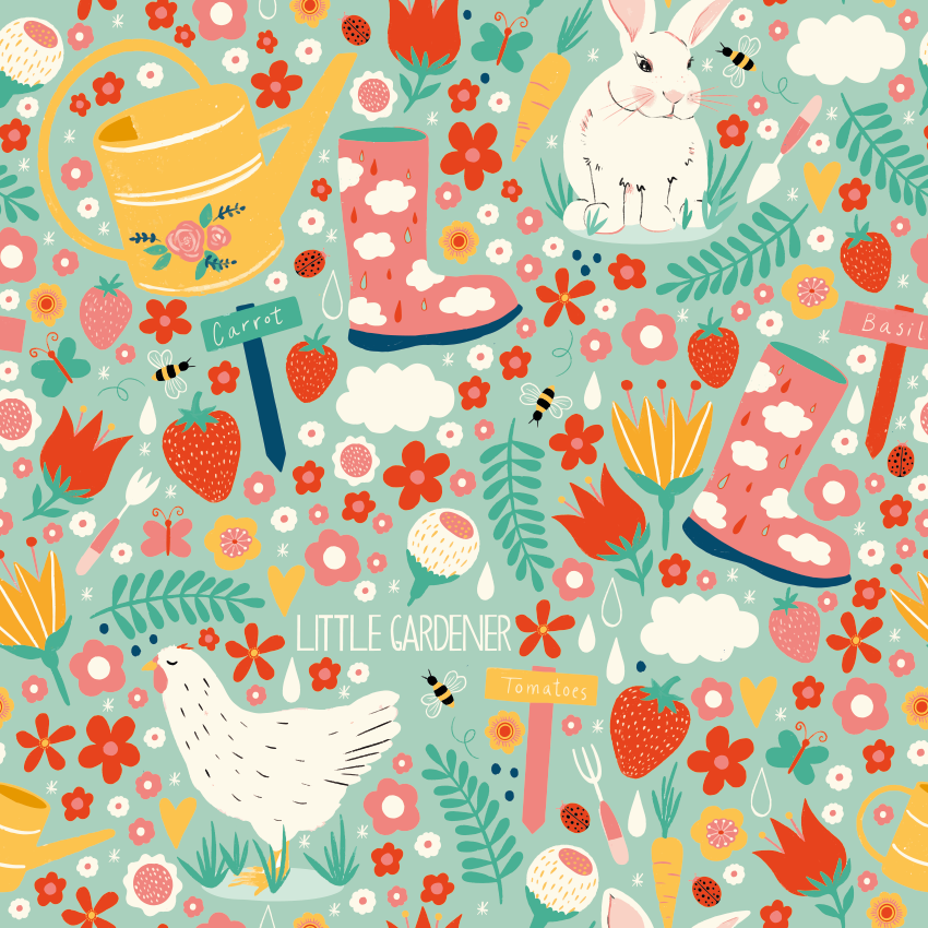 Kids pattern design with garden items designed by vibeke larsen poppydesign