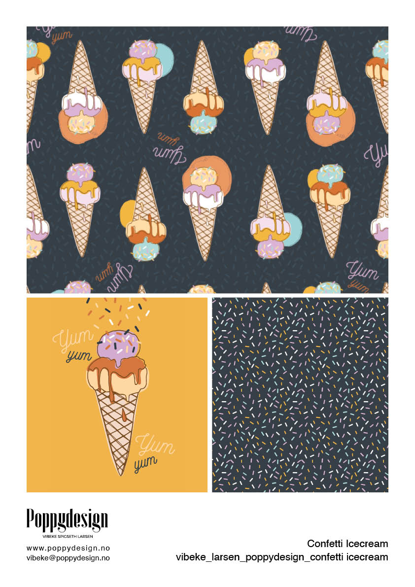 Presentasjon av minikolleksjonen confetti icecream designet av Poppydesign