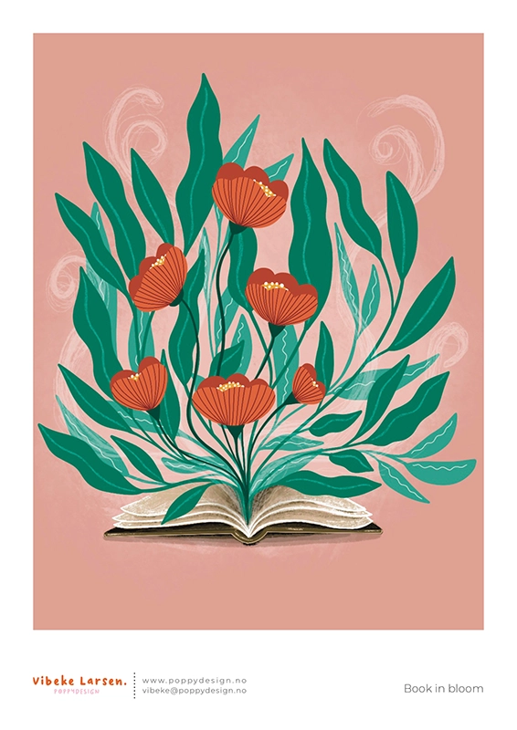 A floral illustration with flowers coming out of a book