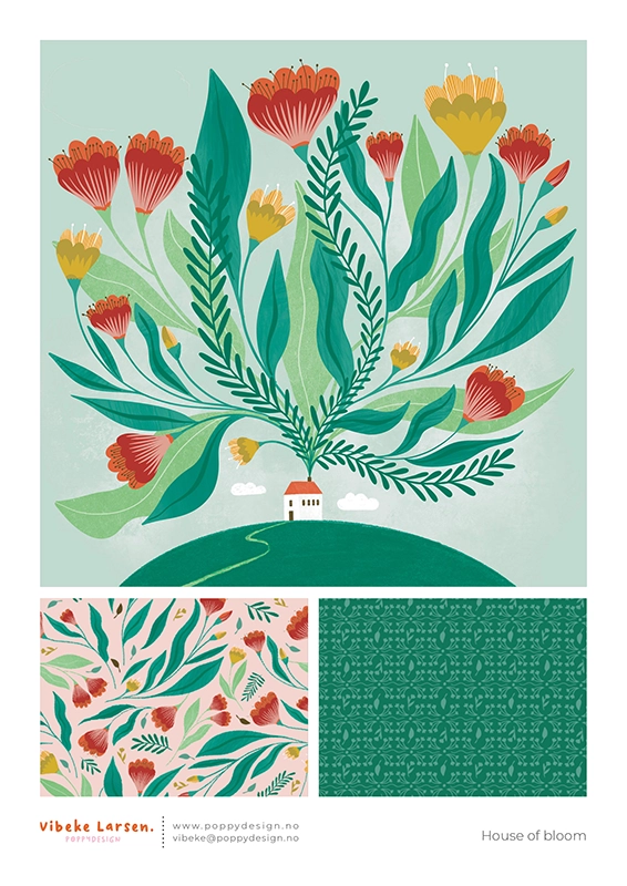 A floral illustration with a house