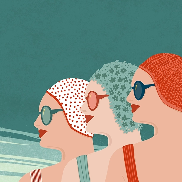 Illustration of three females in retro swimwear and sunglasses