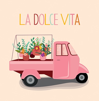 Illustrasjon av italiensk bil og blomster med teksten la dolce vita